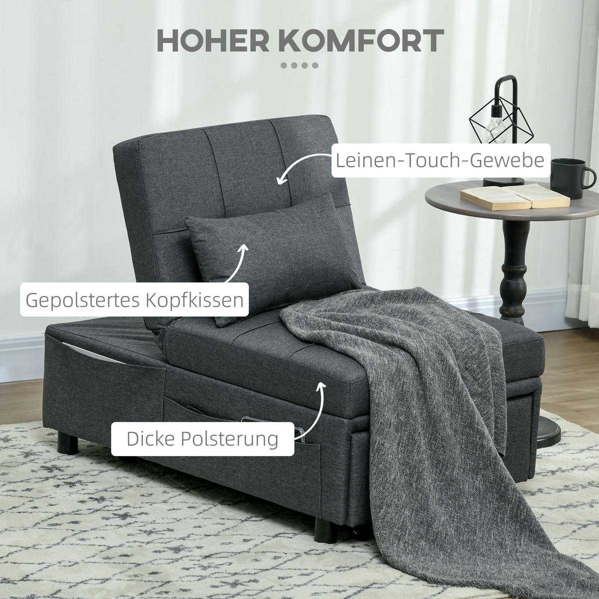 SCHLAFSESSEL 3 in 1 Bettsessel mit Seitentasche Gästebett mit Kissen Leinenoptik - Grau, Holz (104/81/65.5cm) - HOMCOM