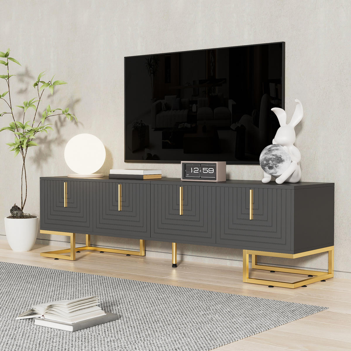 TV-ELEMENT 170/40/45.5 cm Grau mit strukturierter Tür, goldenen Griffen und goldenen Füßen - Grau, Holz (170/45.5/40cm) - Oxeza