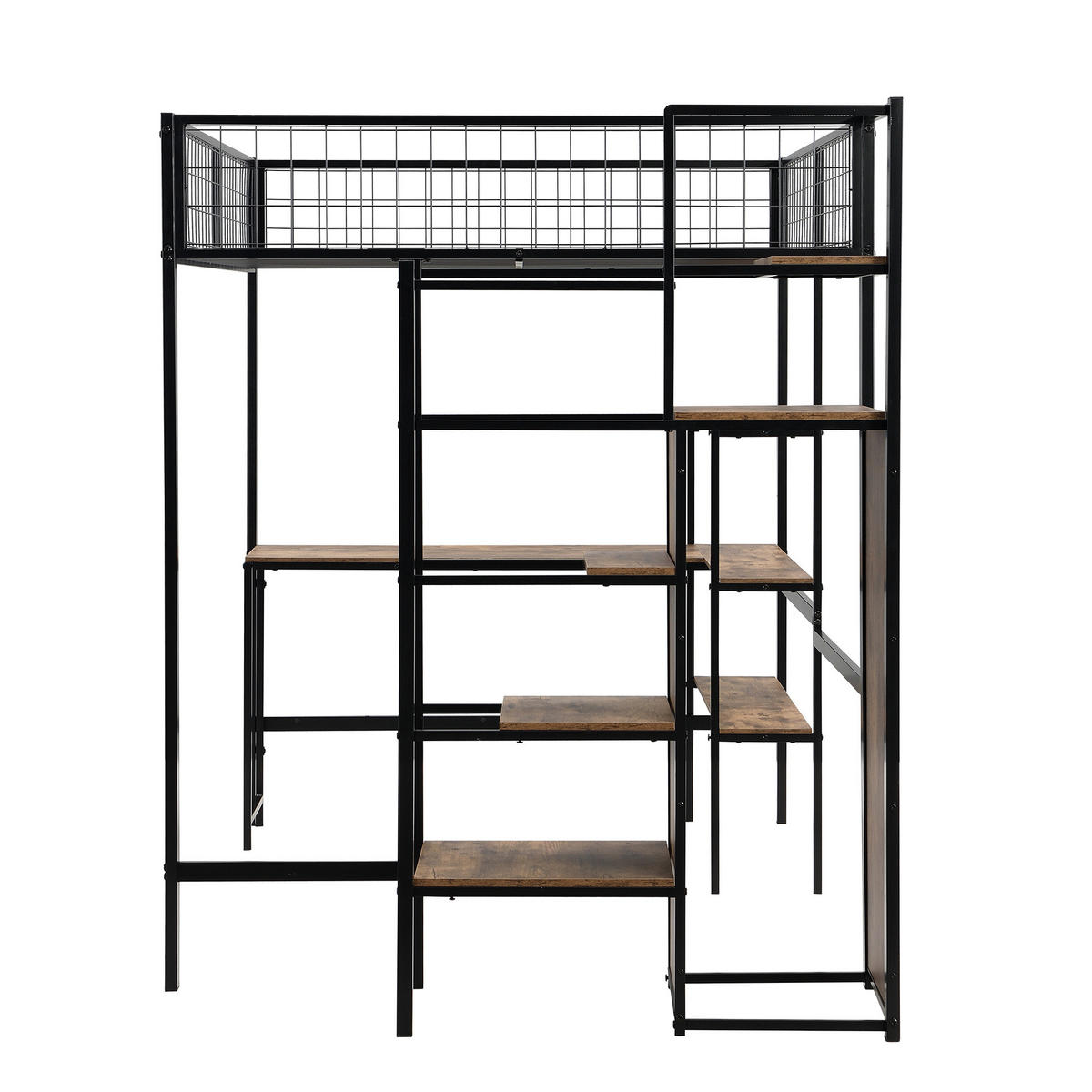 HOCHBETT aus Metall und MDF 140x200 cm Schwarz/Braun mit Schreibtisch, Regalen und Kleiderschrank - Schwarz, Metall (140/200cm) - IVMEU