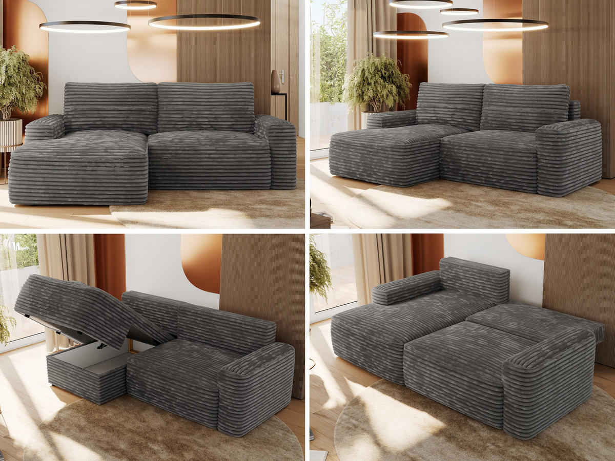 ECKSOFA BELLUNO L Dunkelgrau Cord - Links - Dunkelgrau/Schwarz, Textil (144/233cm) - MKS