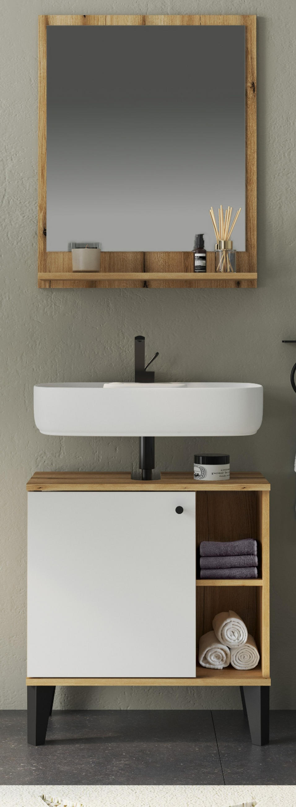 BADMÖBEL-SET 2-teilig weiß, Evoke Eiche, Badkombination, 60 cm - Eichefarben/Schwarz, Glas/Holzwerkstoff (60/190/33cm) - Furn.Design