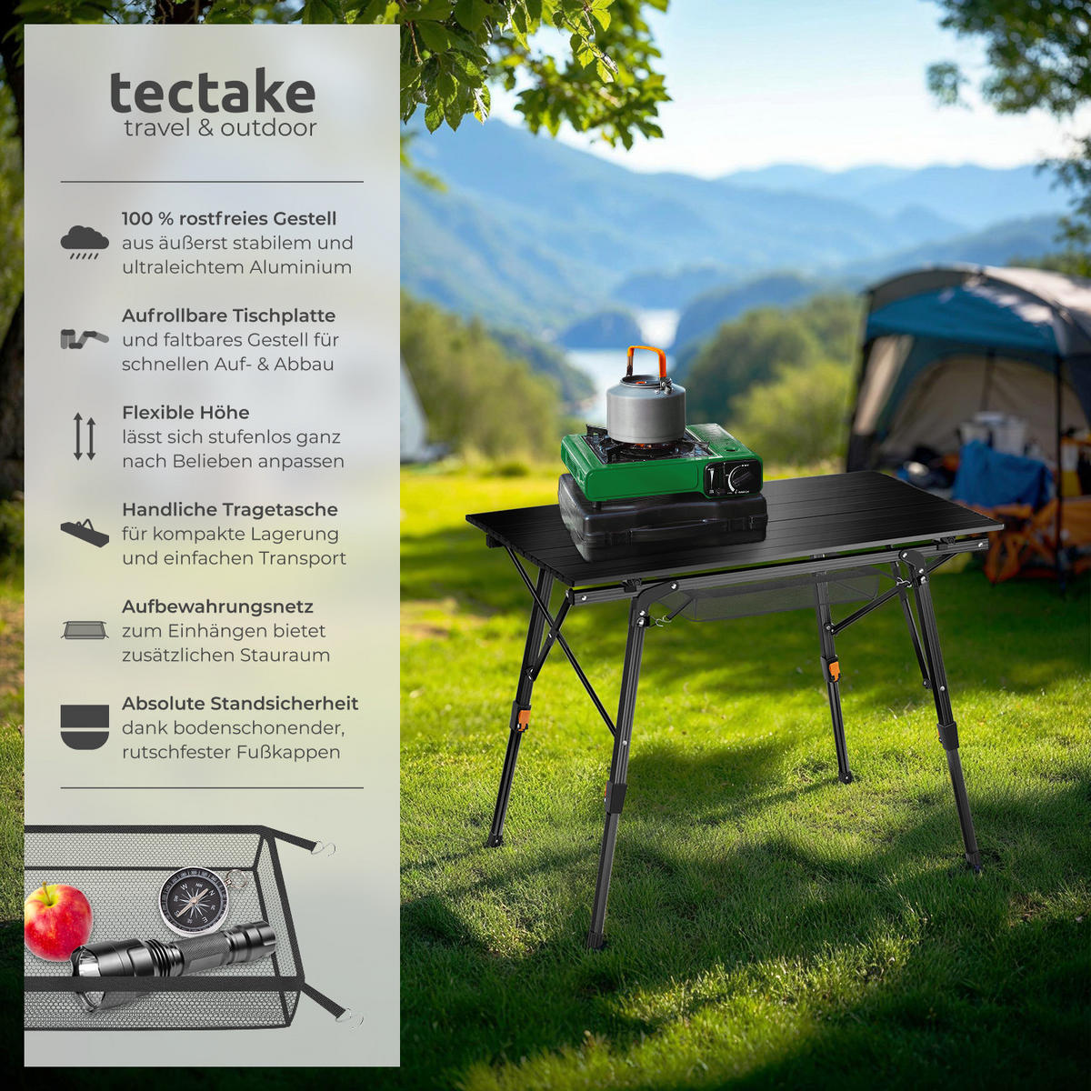 CAMPINGTISCH Tina,90 x 52 x 47 - 70 cm,schwarz - Schwarz, Metall (90/52/70cm) - tectake
