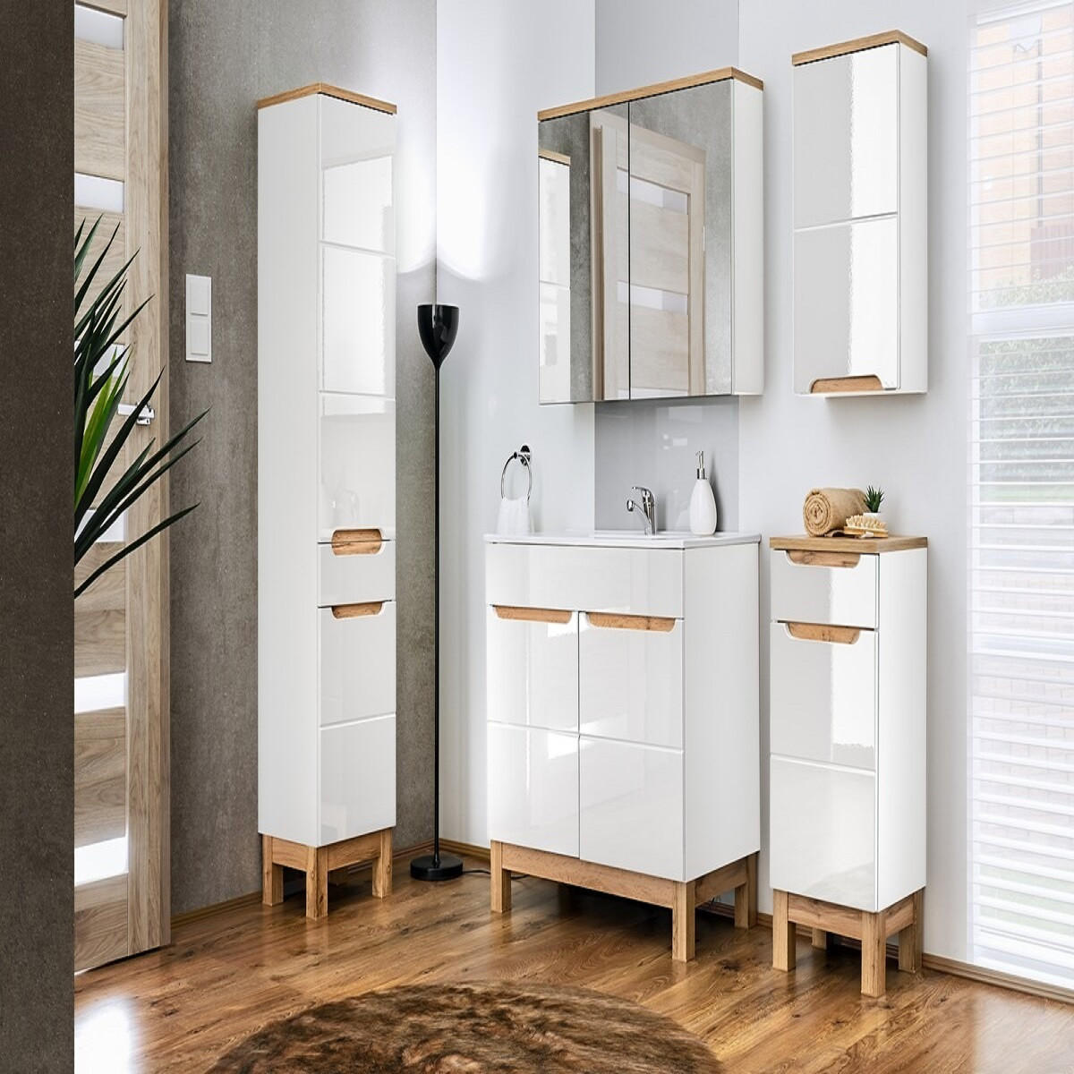 BADMÖBEL-SET 7 Teile - Bali White B BM17 in Weiß - Weiß Hochglanz, Holz (80/187/46cm)