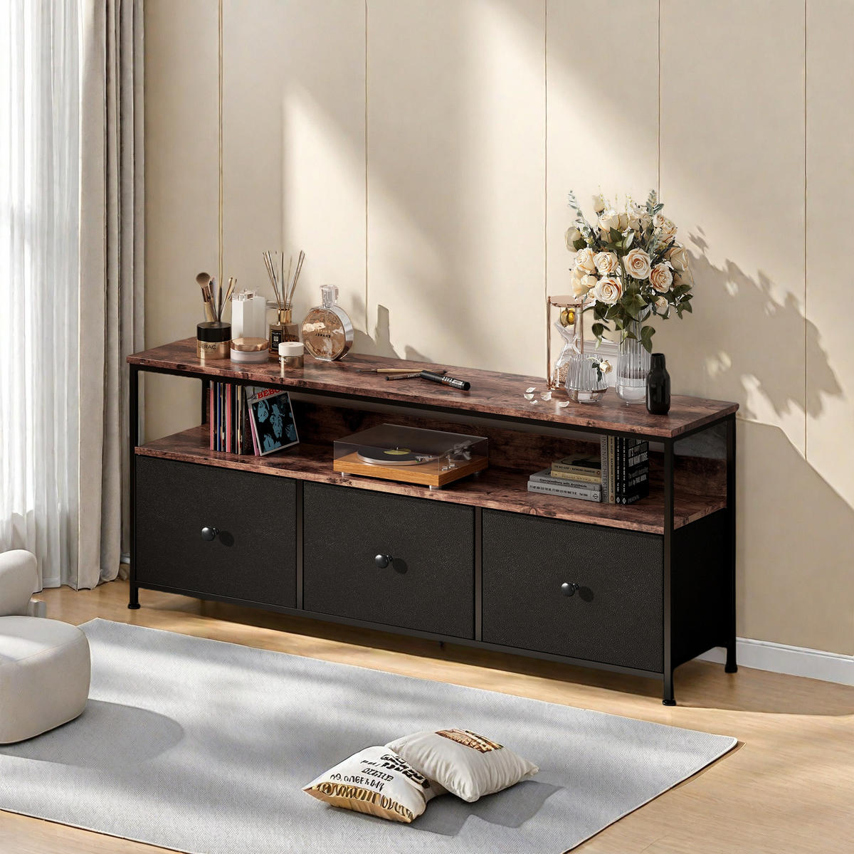 TV STÄNDER SCHWARZ HÖHENVERSTELLBAR MIT SCHUBLADEN - Schwarz, Holzwerkstoff (29.8/57/108cm) - SHOPENTRA