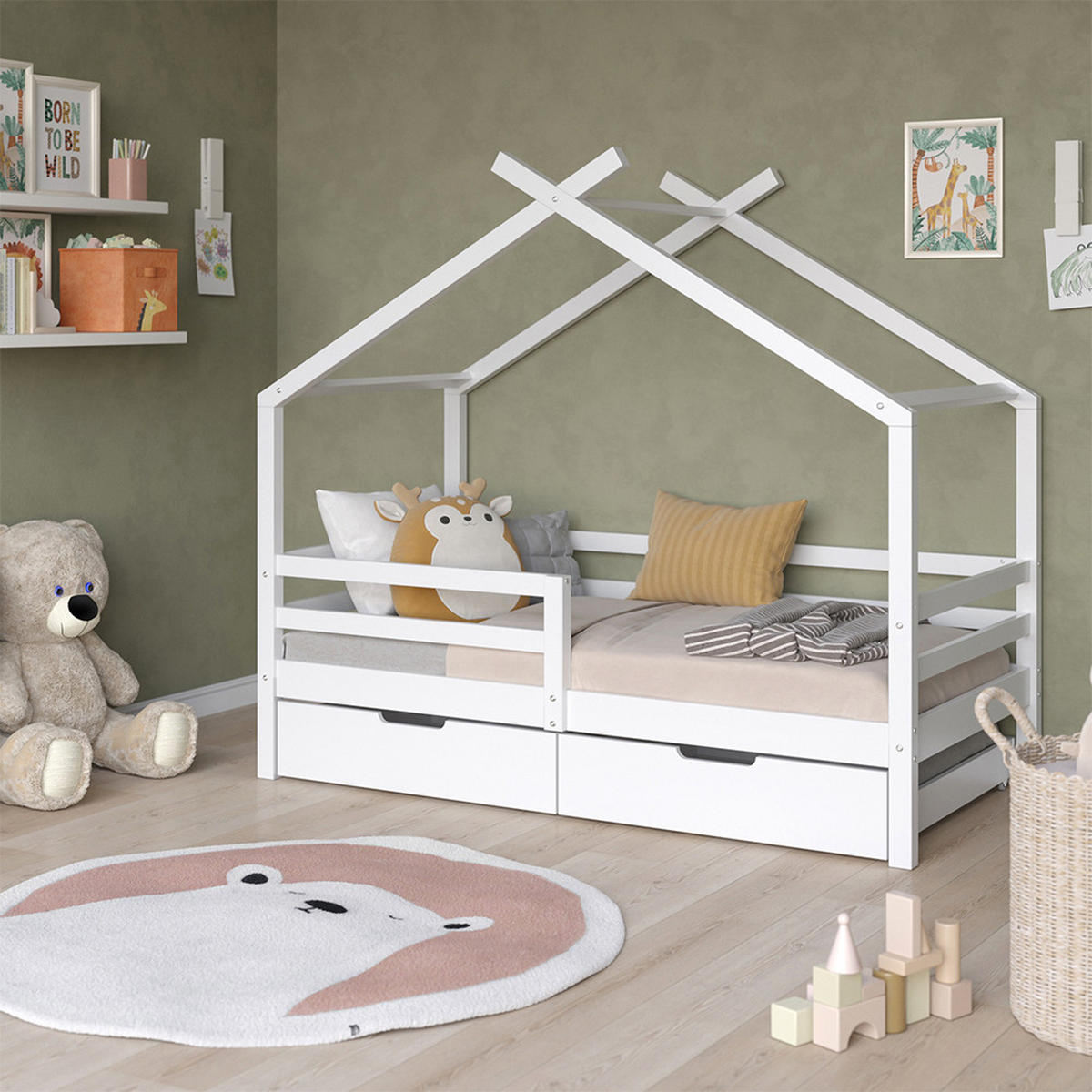 HAUSBETT Luni Weiß 160 x 80 cm mit Aufbewahrungskästen - Weiß, Holz - VitaliSpa