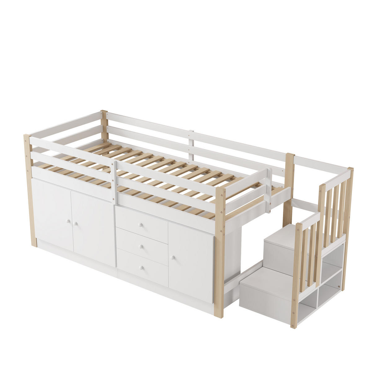 VYVÝŠENÁ posteľ 90/200 cm MDF biela, s úložným priestorom a schodmi - biela, kompozitné drevo (90/200cm) - BEAOK
