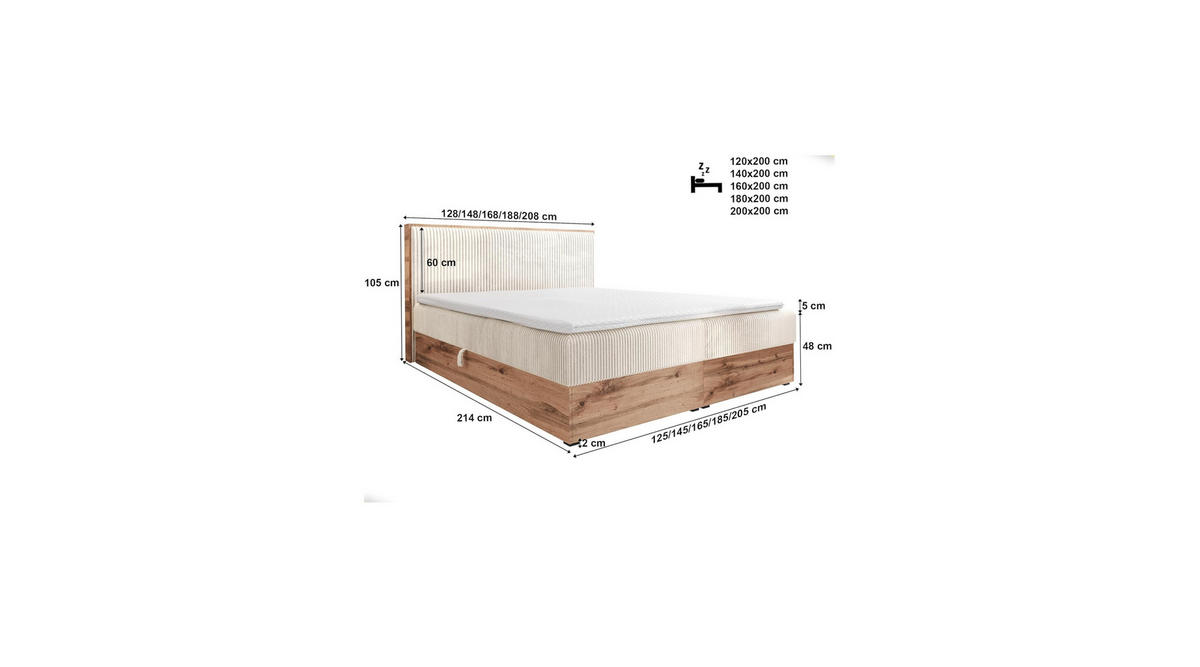 BOXBETT TESSA 140x200 Creme Cord - H3 - Beige, Textil (120/200cm) - AN-Moebel 4u