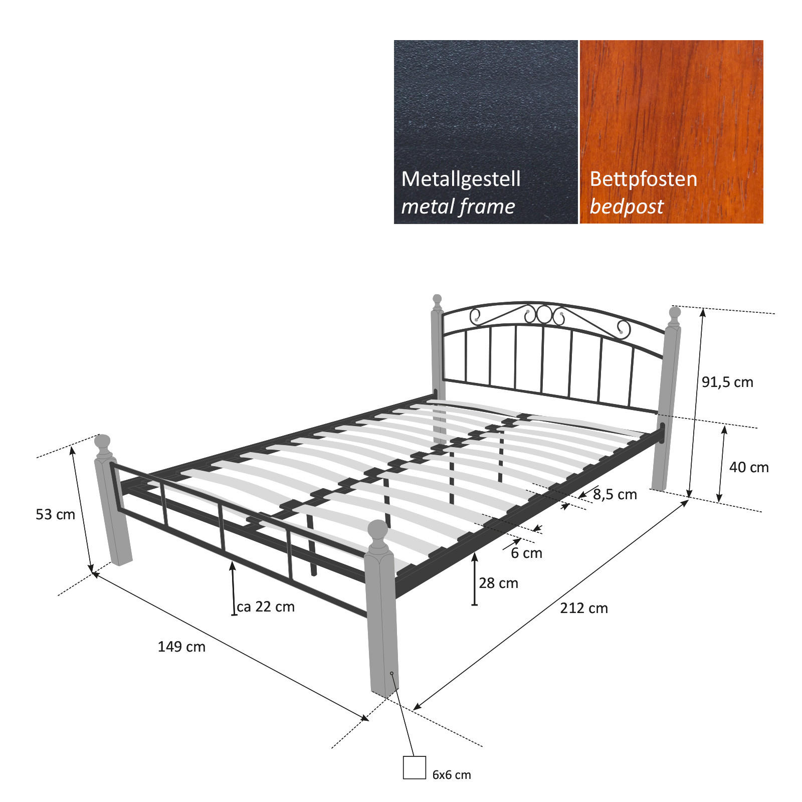 METALLBETT 140/200 cm in Schwarz Braun mit Lattenrost - Schwarz/Braun, Metall (140/200cm) - Homestyle4u