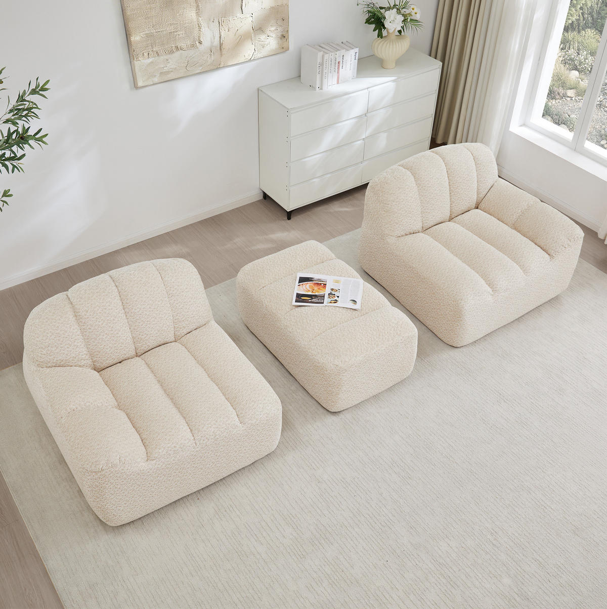 SOFA 210/165/79 cm in Beige-Weiß mit Ottoman und ohne Montage - Beige, Textil (165/79/210cm) - Flora Grace