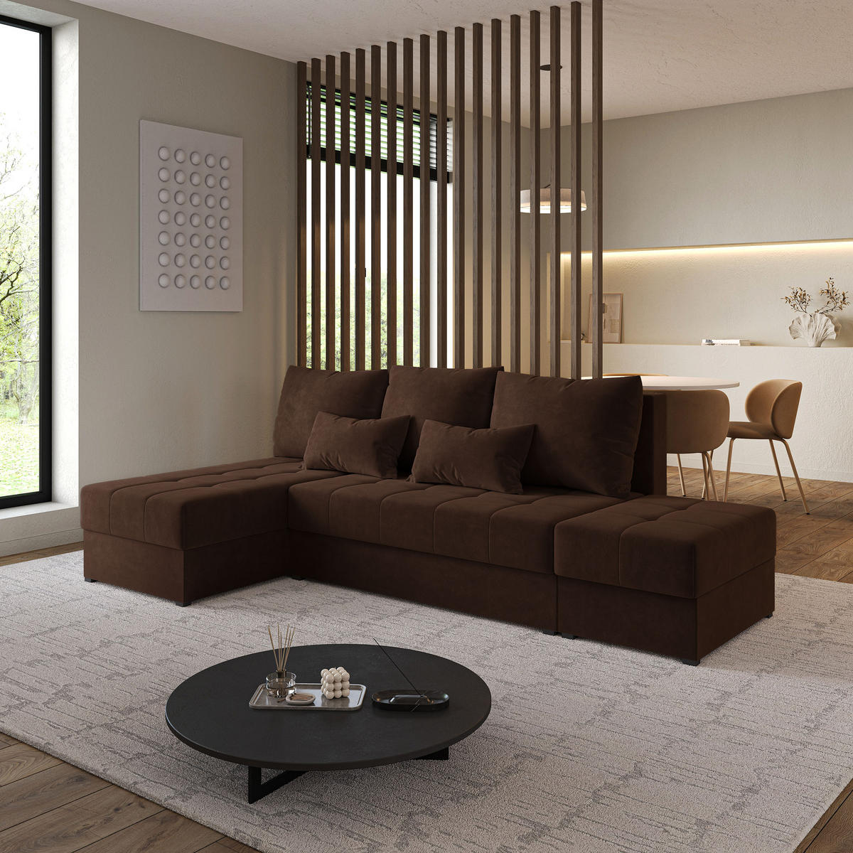 ECKSOFA NORVI Braun Plüsch-Stoff mit Schlaffunktion - Braun, Holz (251/143cm) - MASSENO