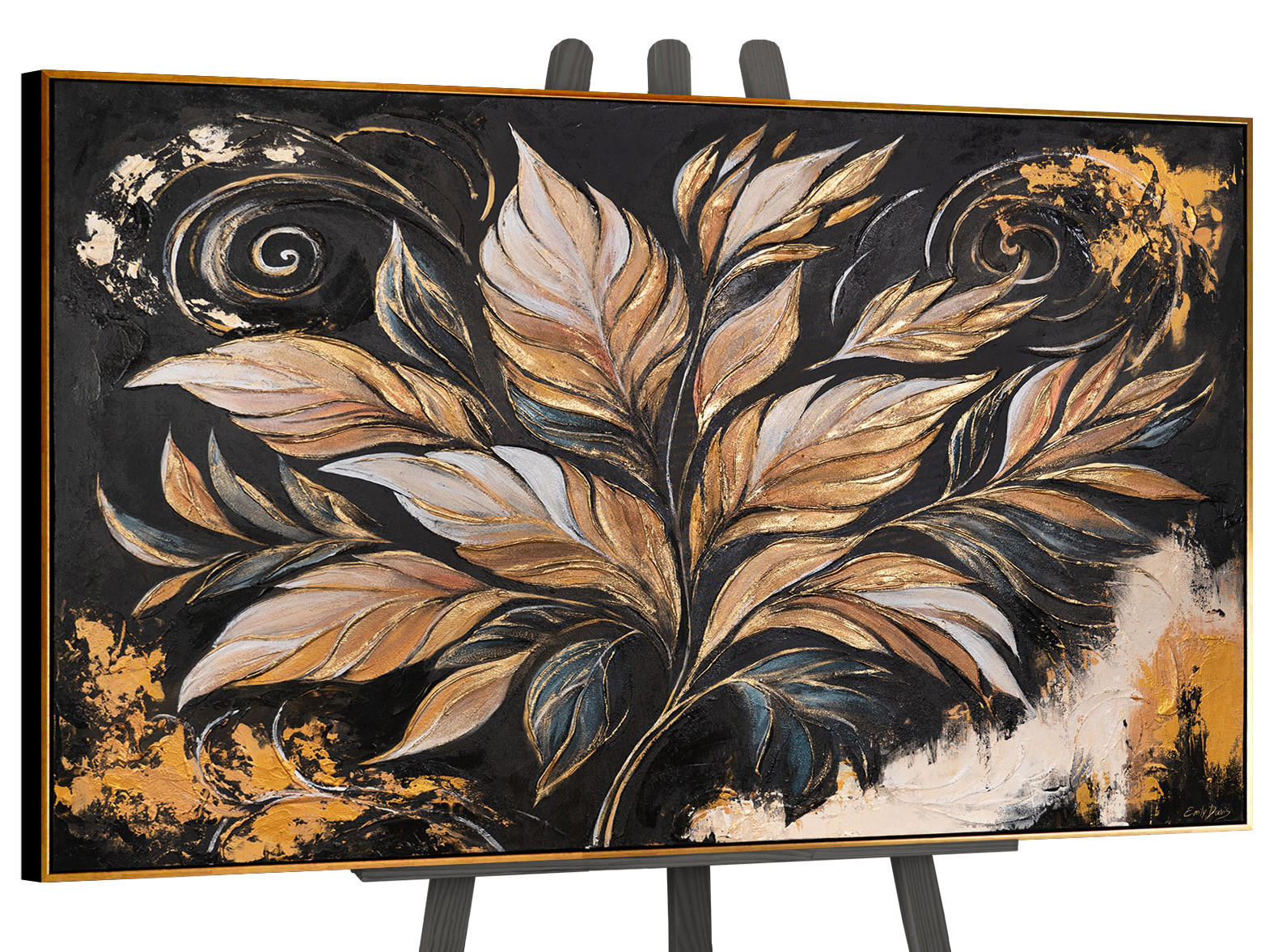 GEMÄLDE Goldene Blätter Schattenfugenrahmen Schwarz-Gold 140x100 cm - Schwarz Hochglanz, Holz (140/100cm) - YS-art gallery