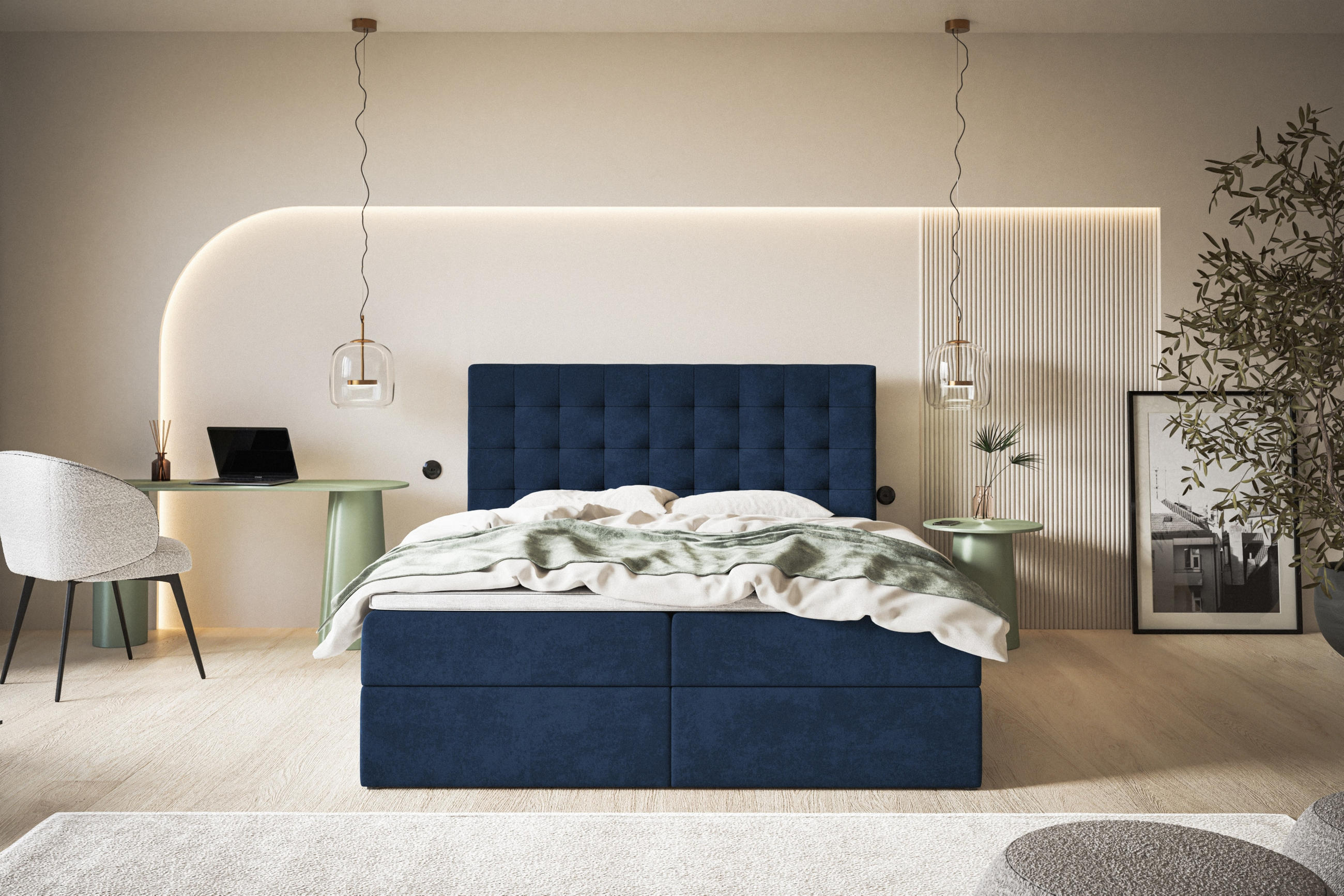 BOXBETT RIO mit 2 Bettkästen, 140x200, Farbe: Dunkelblau, Velourstoff, Doppelbett mit Bonell-Matratze - Dunkelblau, Holz/Kunststoff (140/200cm) - Alpi-Möbel