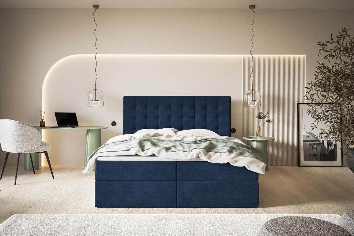 BOXBETT RIO mit 2 Bettkästen, 180x200, Farbe: Dunkelblau, Velourstoff, Doppelbett mit Bonell-Matratze - Dunkelblau, Holz/Kunststoff (180/200cm) - Alpi-Möbel