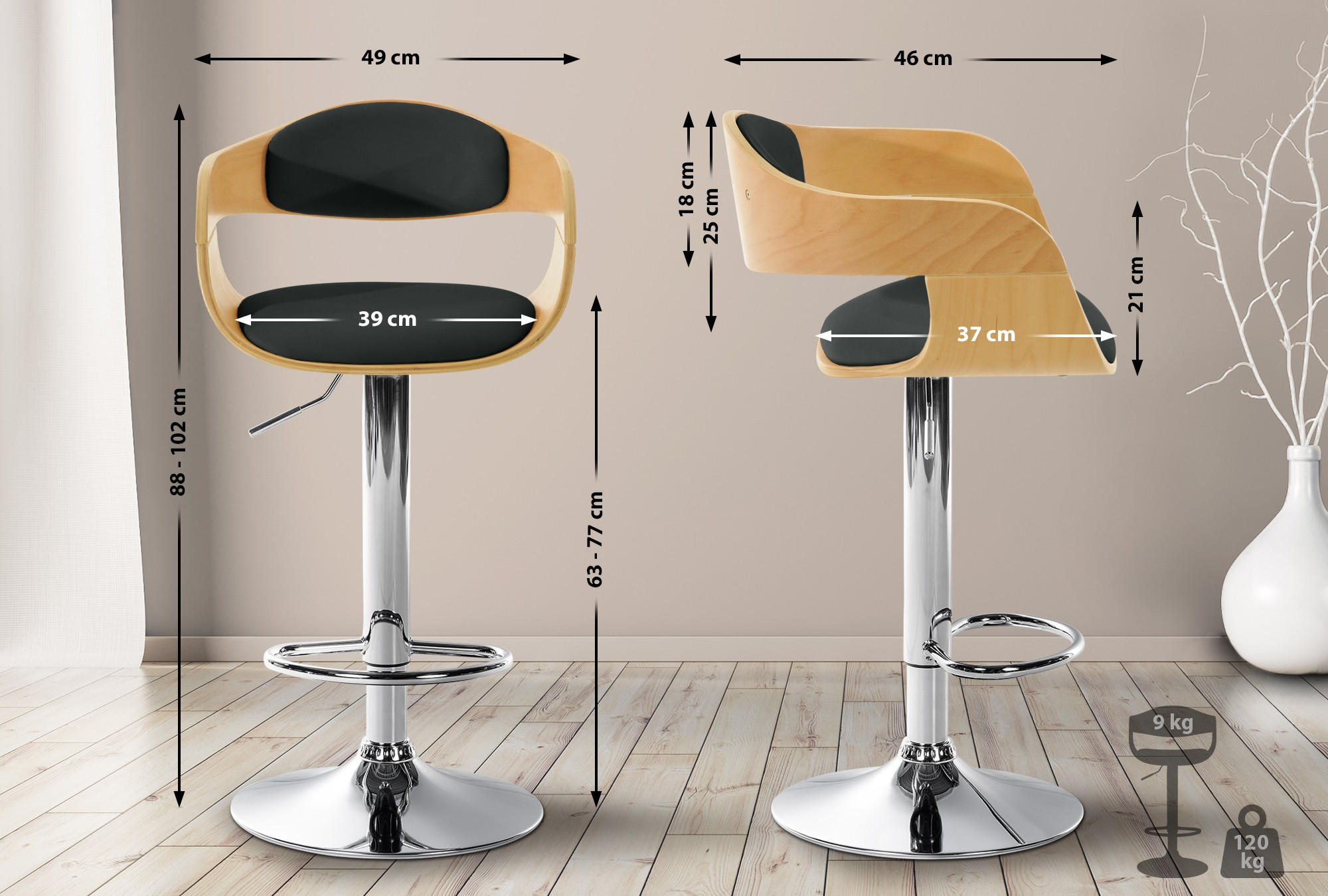 Thumbnail - CLP Barhocker, Schwarz, Eukalyptusholz, Textil, 50x88x48 cm, Esszimmer, Barmöbel, Barhocker