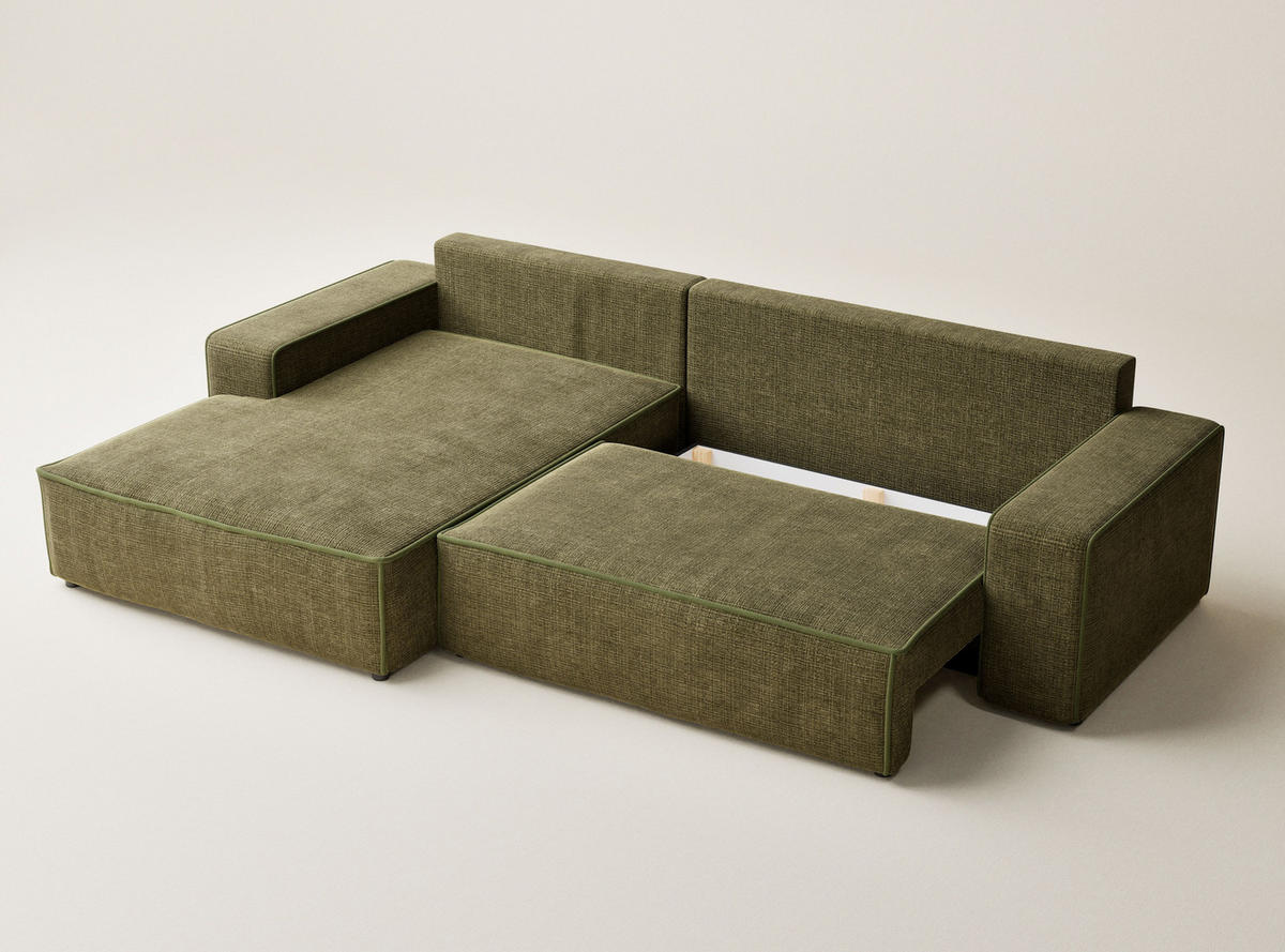 ECKSOFA MIT SCHLAFFUNKTION Modo Kupferfarbe Chenille-Stoff - Links Seite - Schwarz/Olivgrün, Holz/Holzwerkstoff (185/294cm) - Maison de Reve
