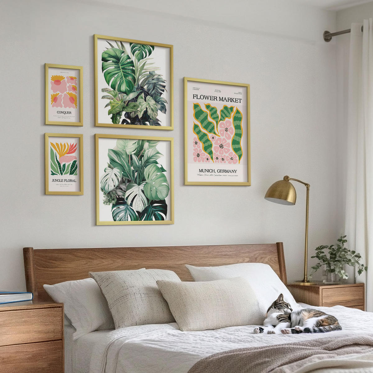 BILDER SET 5er Set - 50x50 cm & 20x30 cm & 40x60 cm Goldrahmen - Blumen und Blätter – moderne Poster - Goldfarben, Kunststoff (40/60cm) - TULUP