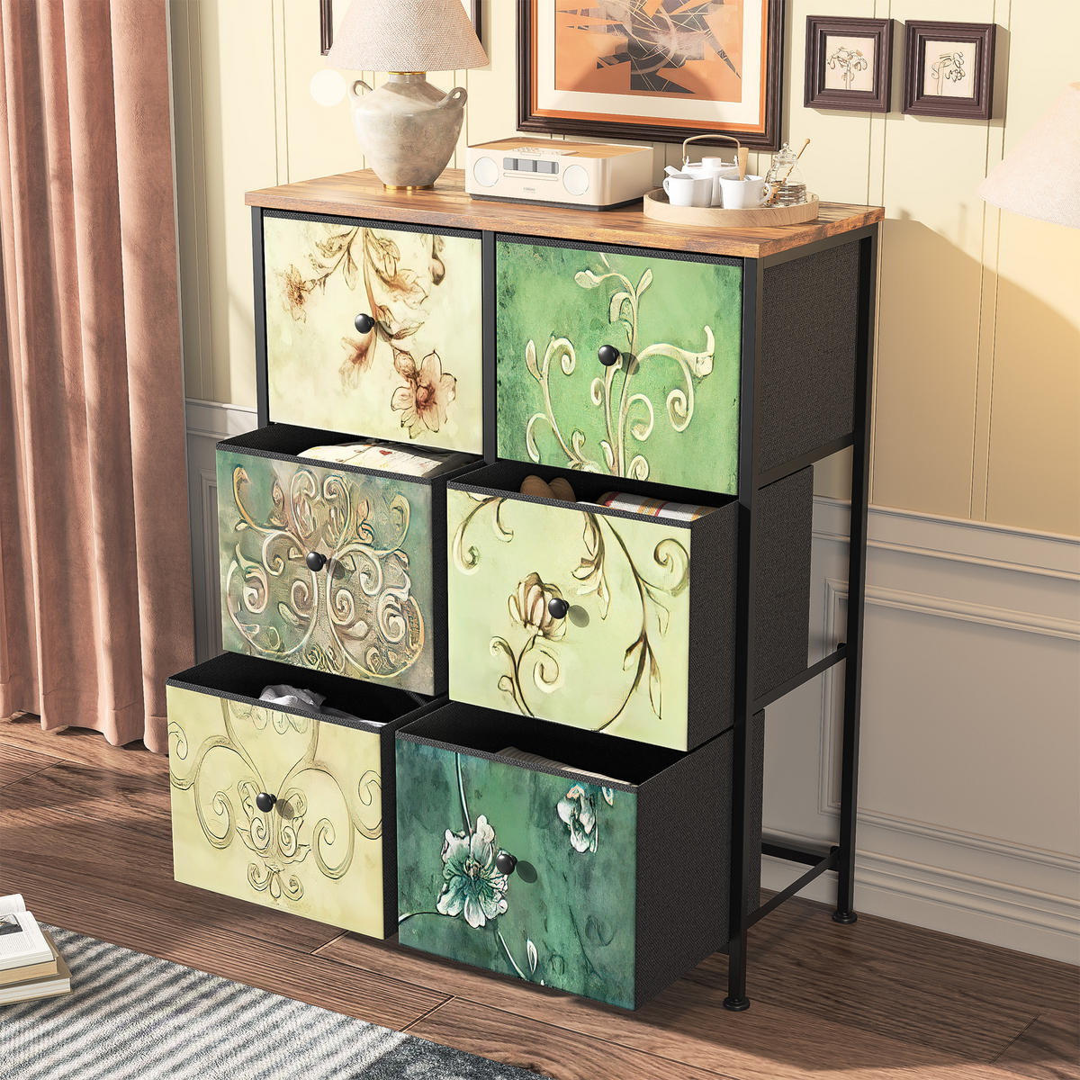 KOMMODE mit 6 Stoffschubladen, Sideboard für Küche, Büro, Flur - Multicolor, Holz (30/86.5/67.5cm)