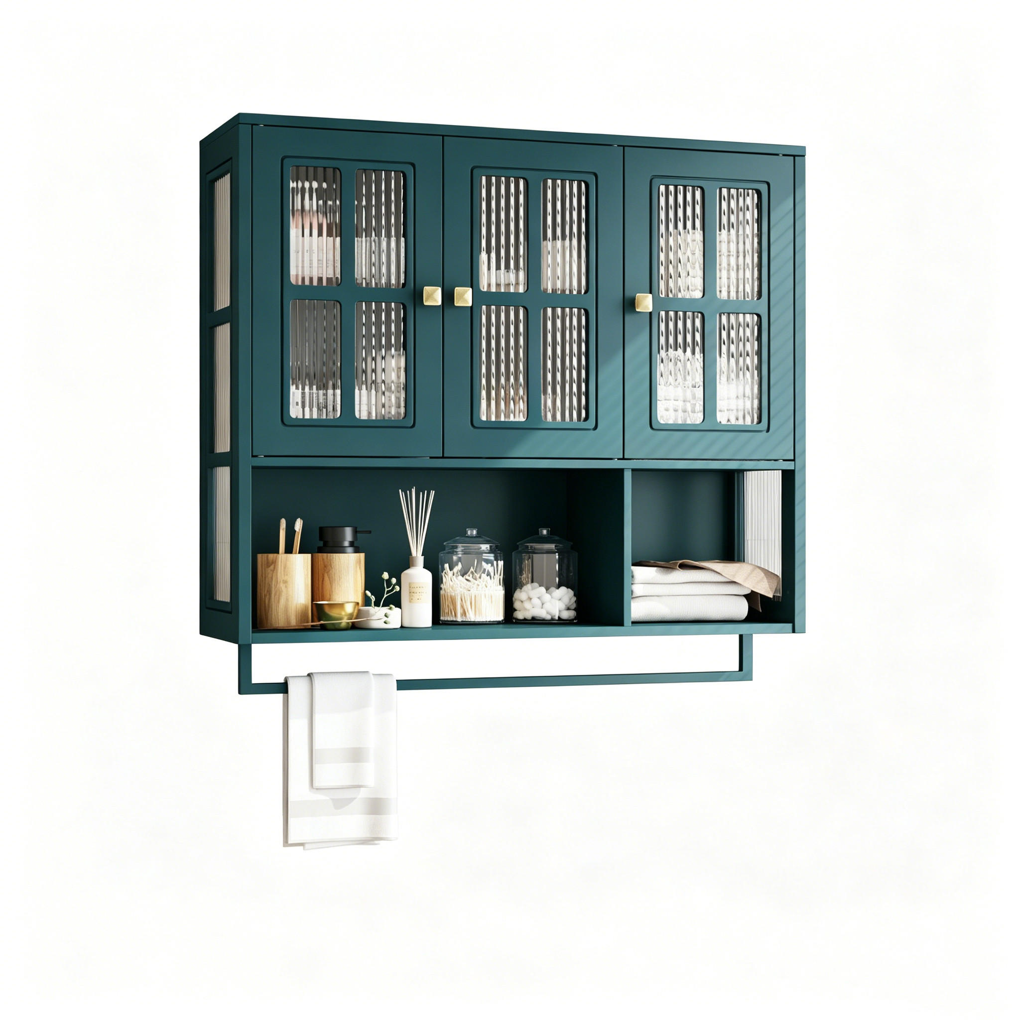 HÄNGESCHRANK in Dunkelgrün mit 3 Türen und Handtuchhalter für Badezimmer und Küche, B88/T26/H82,5 cm - Dunkelgrün/Transparent, Holzwerkstoff/Metall (88/82.5/26cm) - STILVORA