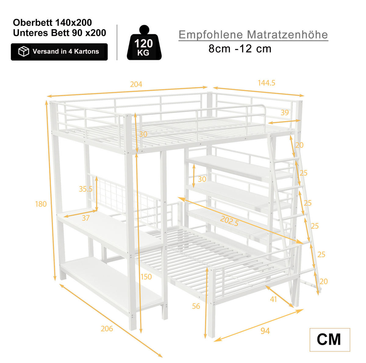 HOCHBETT 140/200 cm Weiß Multifunktionsbett mit Ablagefächern mit Matratze - Weiß, Metall (140/200cm) - OKWISH