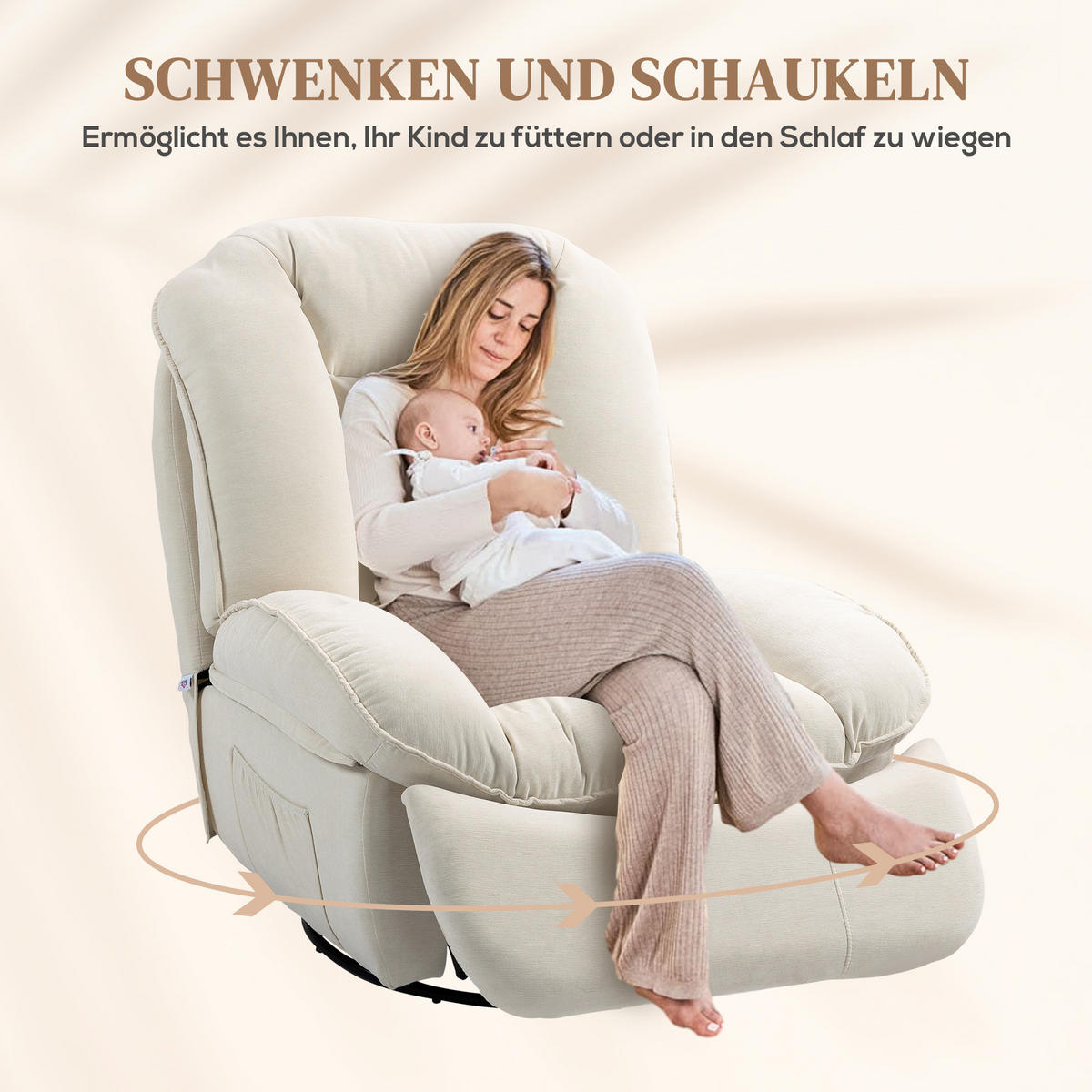 RELAXSESSEL Fernsehsessel mit Liegefunktion, Schaukelfunktion für Wohnzimmer - Creme/Schwarz, Textil/Metall (100/102/104cm) - HOMCOM