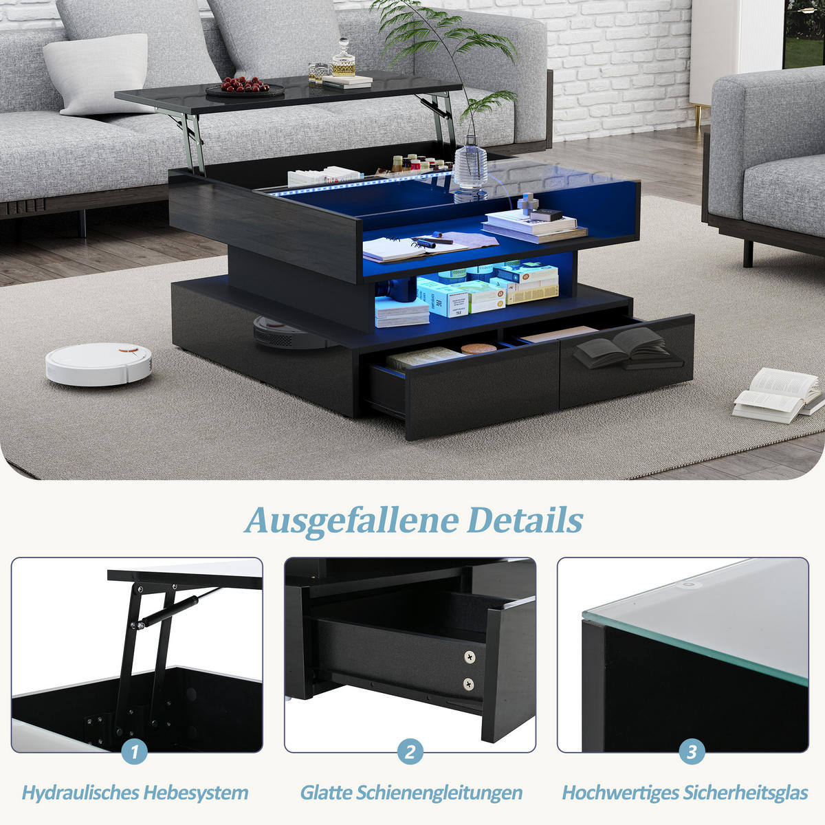 COUCHTISCH LED Schwarz höhenverstellbar 2 Schubladen 80x80x45cm - Schwarz, Holzwerkstoff (80/80/45cm) - FLIEKS