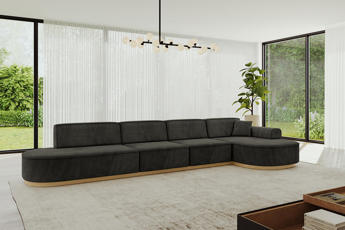 ECKSOFA Ottomane Rechts MARI-L3-v2 - 413x171x83 cm Schwarz Velours - Schwarz, Holzwerkstoff/Textil (171/413cm) - ALTDECOR