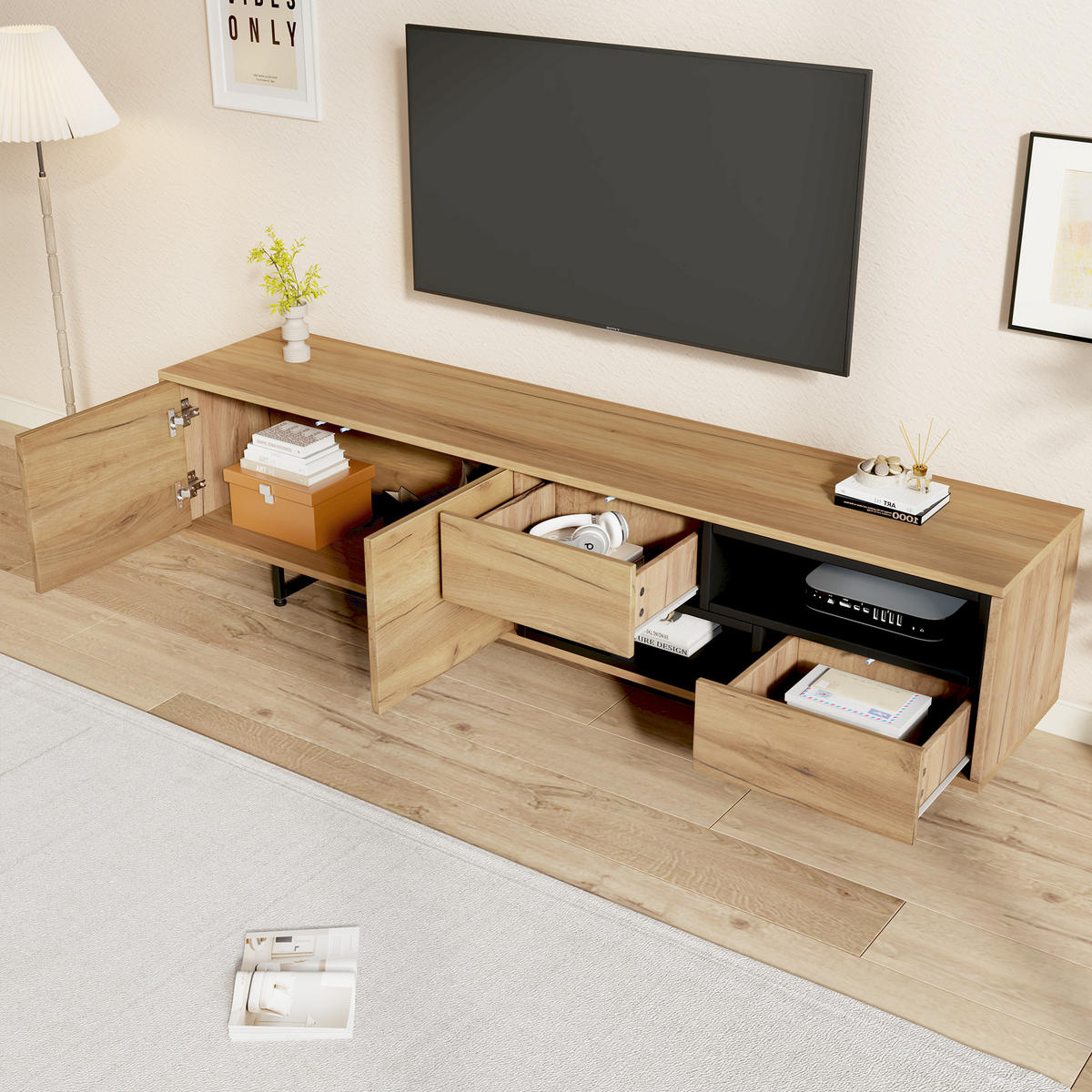 TV-LOWBOARD aus Spanplatte 173x38x48 cm Holzfarben mit Stauraum, Kabeldurchlass und offenen Fächern - Naturfarben, Holzwerkstoff (173/48/38cm) - Modfu
