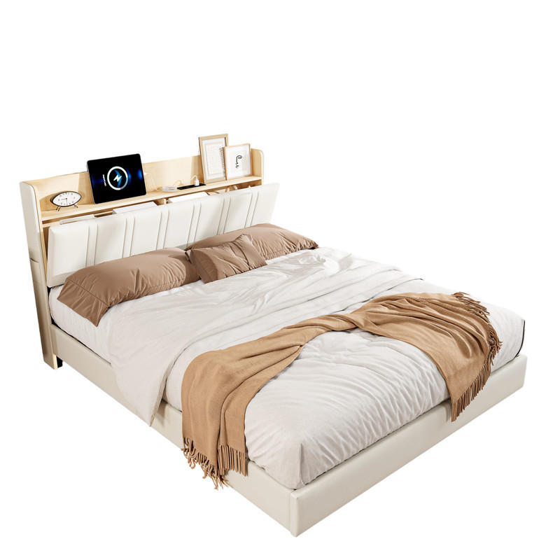 SHOPENTRA ČALOUNĚNÁ postel 140/190 cm z umělé kůže, imitace dřeva, s LED USB