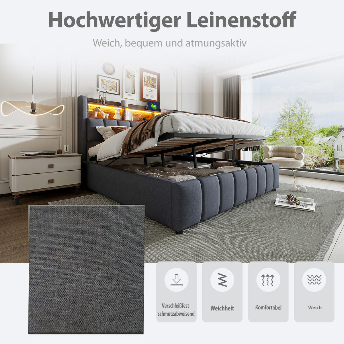 POLSTERBETT 180x200 cm LED USB Stauraum grau - Grau, Textil (180/200cm) - LEBENLANG