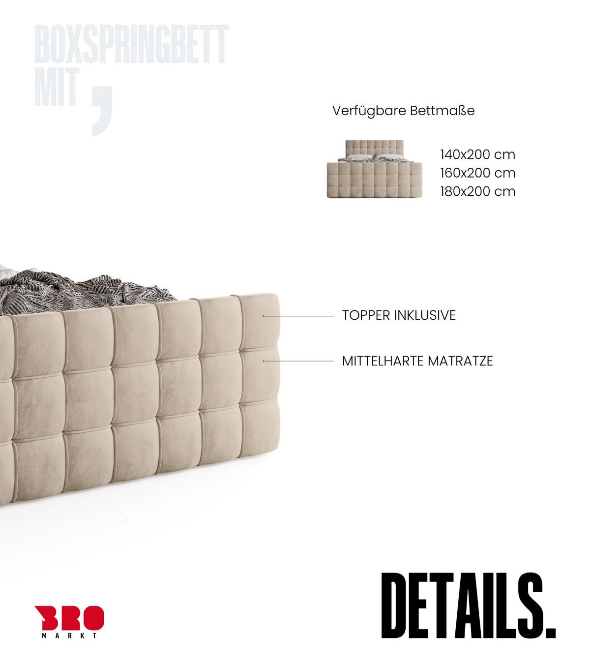 BOXBETT Detroit Duo mit Topper 180/200 Creme - Creme, Textil (180/200cm) - Bromarkt