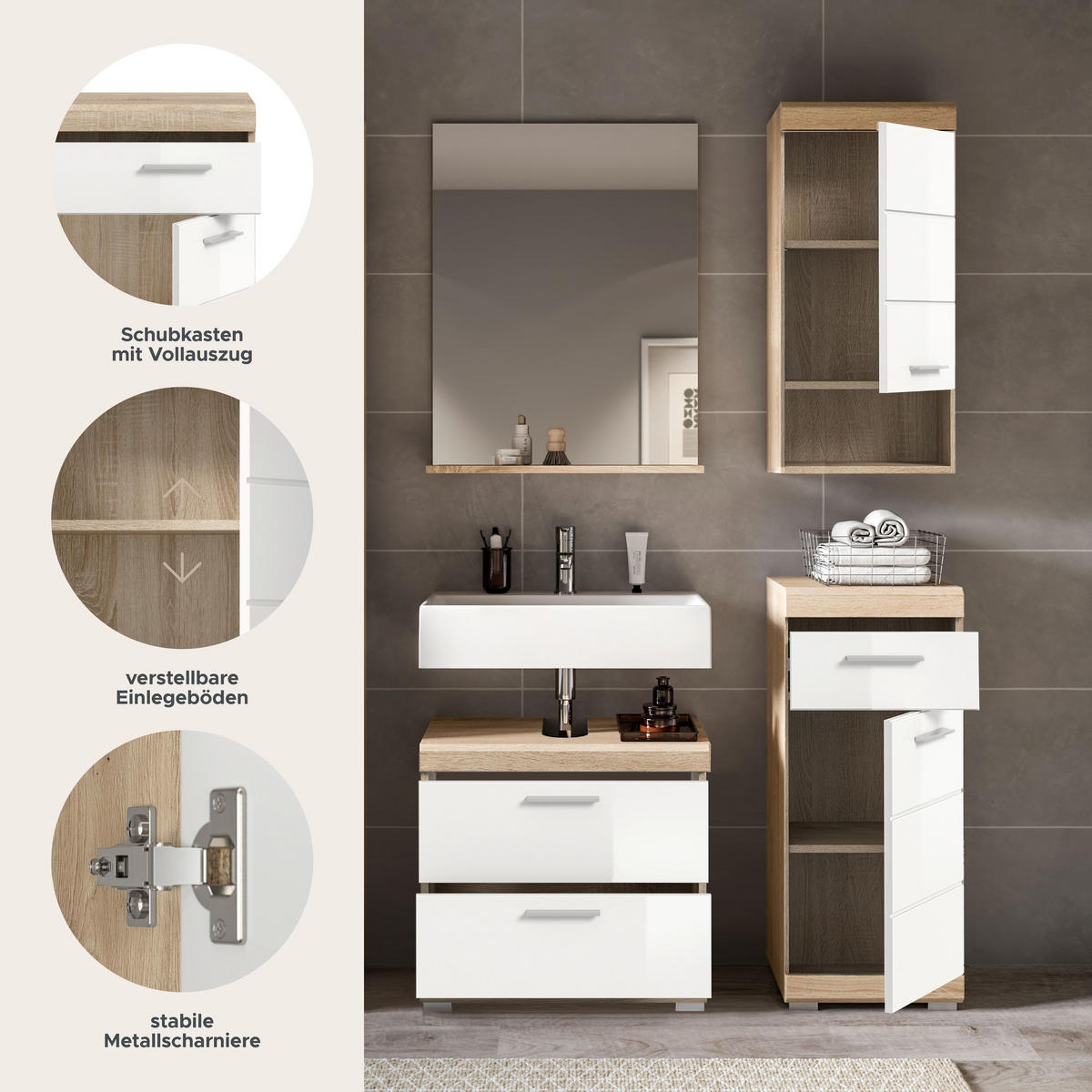 BADKOMBINATION 4tlg. Lambada Bad in Sonoma Eiche hell und weiß hochglanz B/H/T: 112x191x34 cm - Sonoma Eiche, Holz (112/191/37cm)