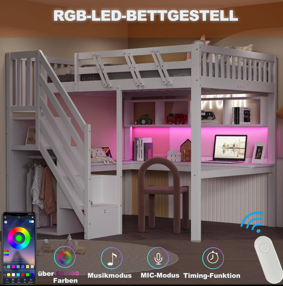 VYSOKÁ posteľ 140/200 cm biela z dreva s úložnými schodmi písacím stolom LED osvetlením a zásuvkou USB - biela, kompozitné drevo (140/200cm) - OKWISH