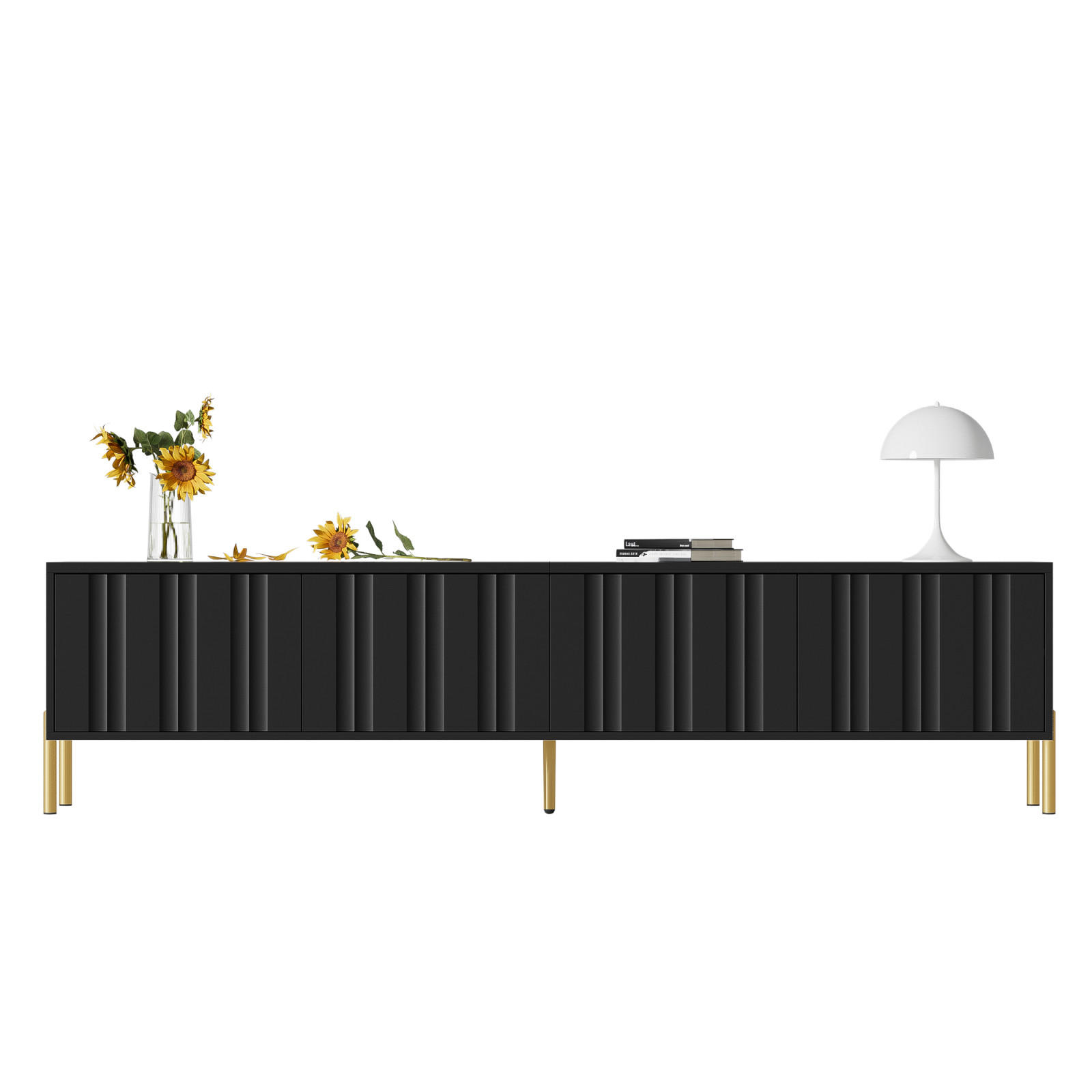 TV Lowboard 190x38x48 cm, goldene Füße, Rillenfront, Schwarz - Schwarz, Holz (190/48/38cm)