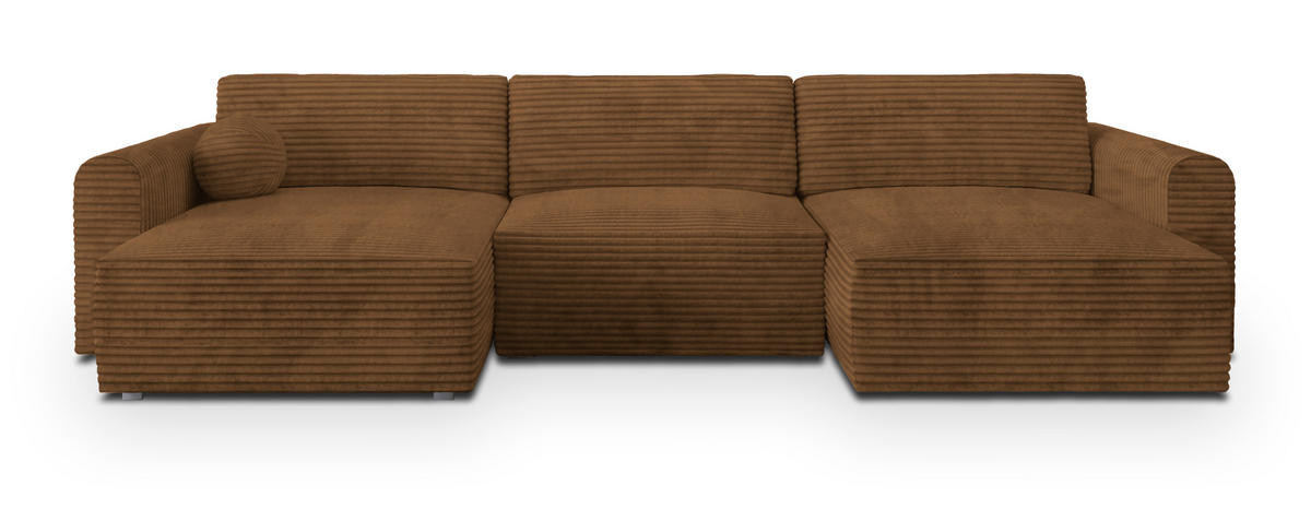 WOHNLANDSCHAFT FENTO Kupferfarben Kordstoff mit Schlaffunktion - Kupferfarben, Holz (347/90/148cm) - MASSENO