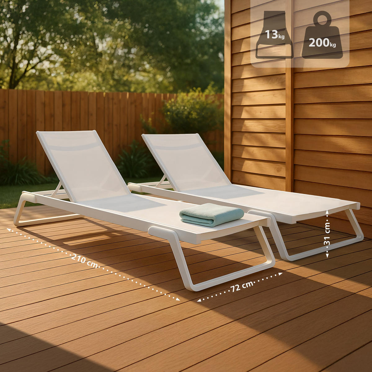 SONNENLIEGE Ralf 2er Set klappbar 72x210x31cm Metall Weiß Gartenliege - Weiß, Metall (72/31/210cm) - DELUKE