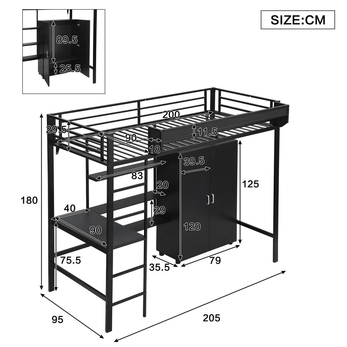 ETAGENBETT 90/200 cm Schwarz mit Tisch und Kleiderschrank - Weiß, Metall (90/200cm) - Flora Grace