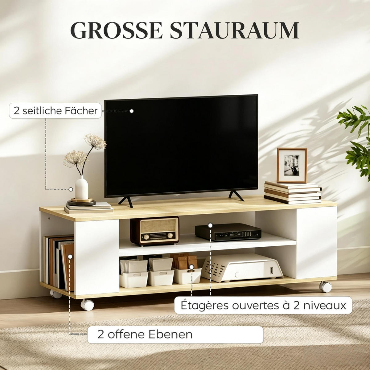 TV-SCHRANK 120/40/38,5 cm Weiß/Natur mit Rollen, Hängend/Stehend - Weiß, Holzwerkstoff (120/38.5/40cm) - Oxeza