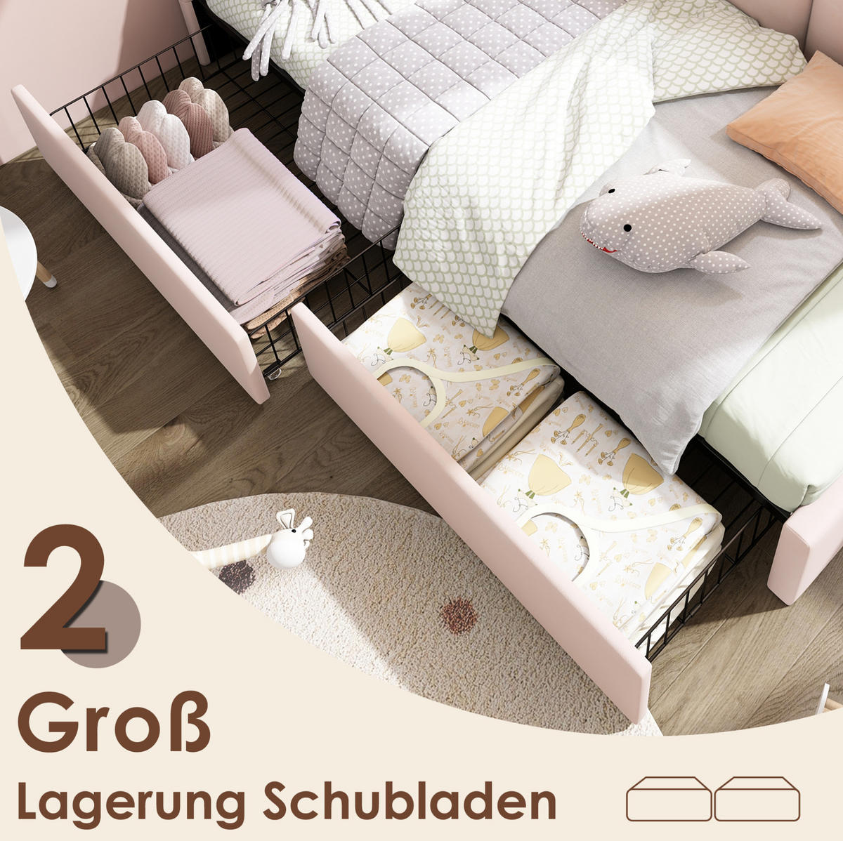 POLSTERBETT 90/200 cm Rosa aus Samt mit 2 Schubladen - Rosa, Textil (90/200cm) - OKMYHOME