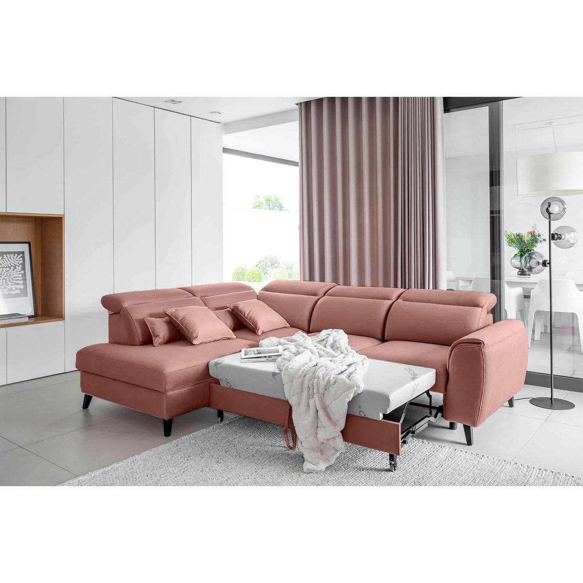ECKSOFA mit Schlaffunktion & Bettkasten - Schwarz/Rosa, Holz/Textil (255/201cm) - Eltap