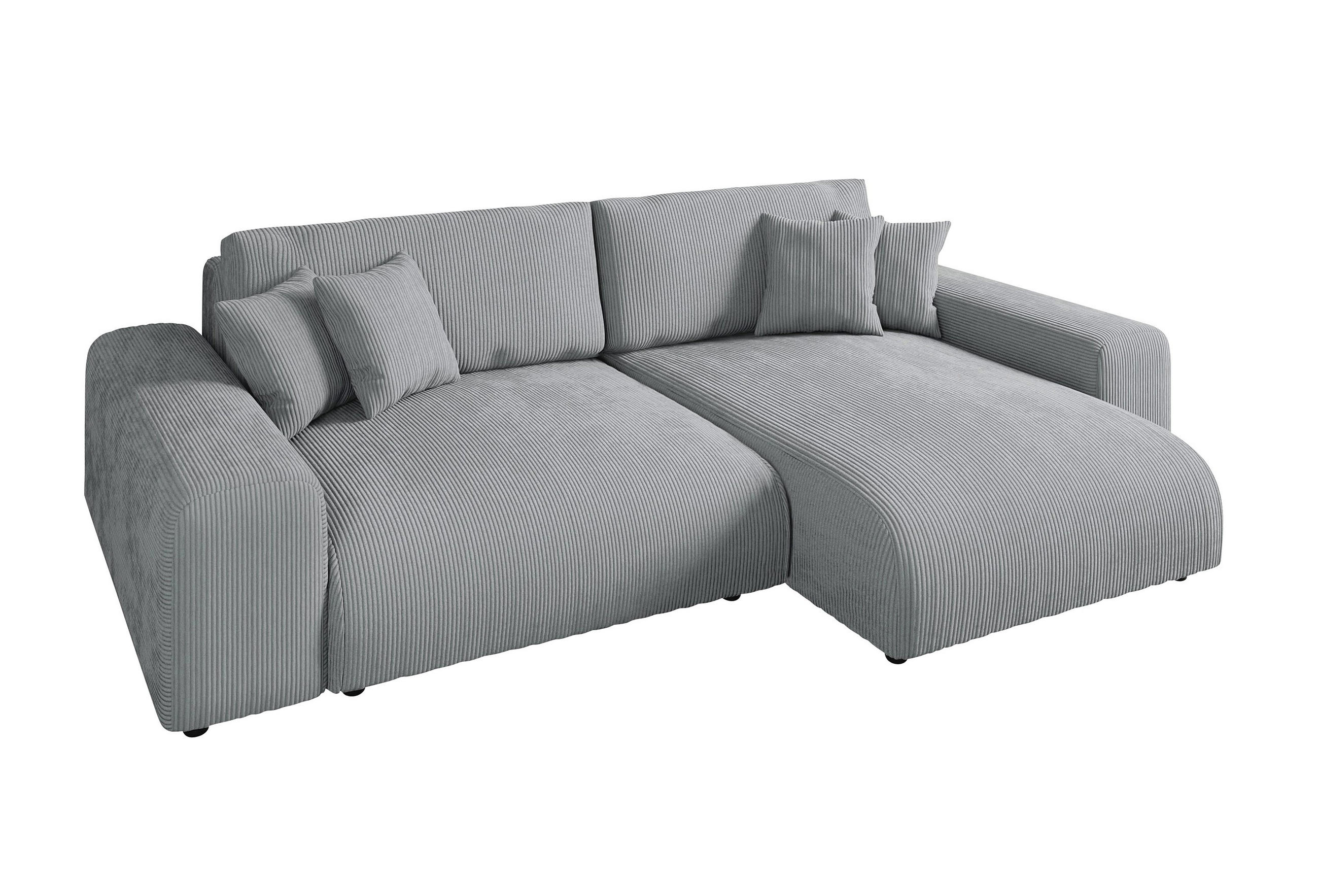 ECKSOFA mit Schlaffunktion, Bettkasten, Wellenunterfederung, seitenverkehrt montierbar B255/T165/H84 cm, Liegefl. 148x196 cm, Cord Hell-Grau / 21007 - Hellgrau/Schwarz, Kunststoff/Textil (255/165cm) - luma-home