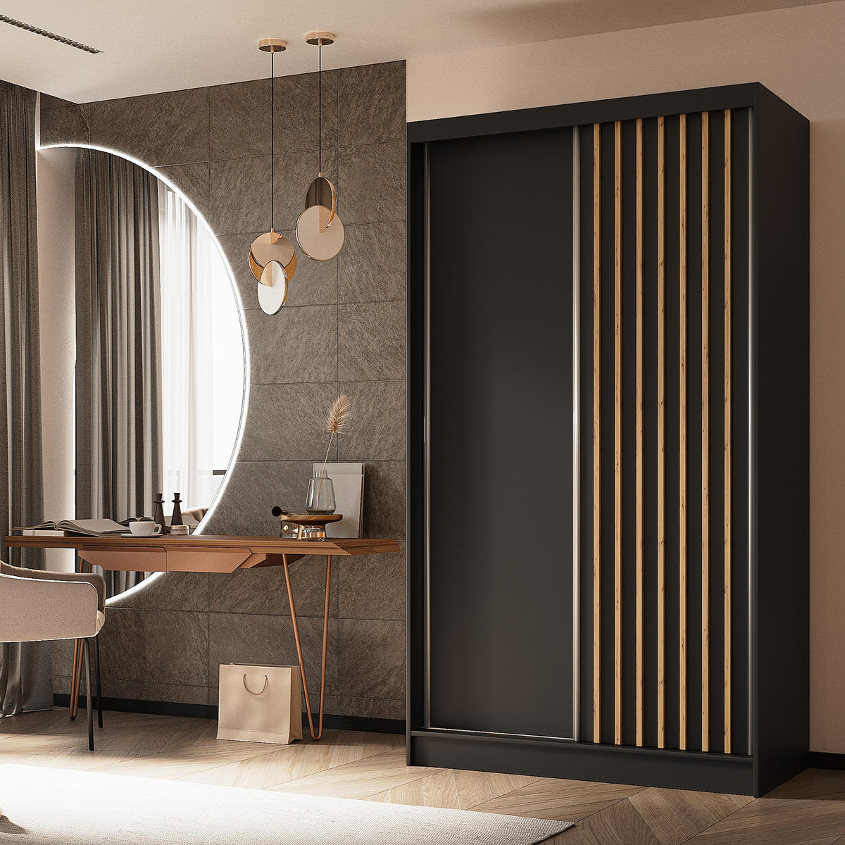 SCHWEBETÜRENSCHRANK LAMELLO 120/216/61 cm 2-türig Schwarz - Schwarz, Holzwerkstoff (120/216/61cm) - MASSENO