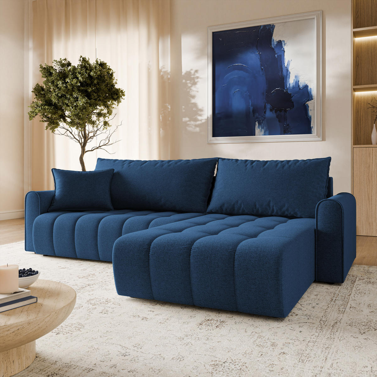 ECKSOFA FRIGA Blau Strukturstoff mit Schlaffunktion - Blau, Holz (283/185cm) - MASSENO