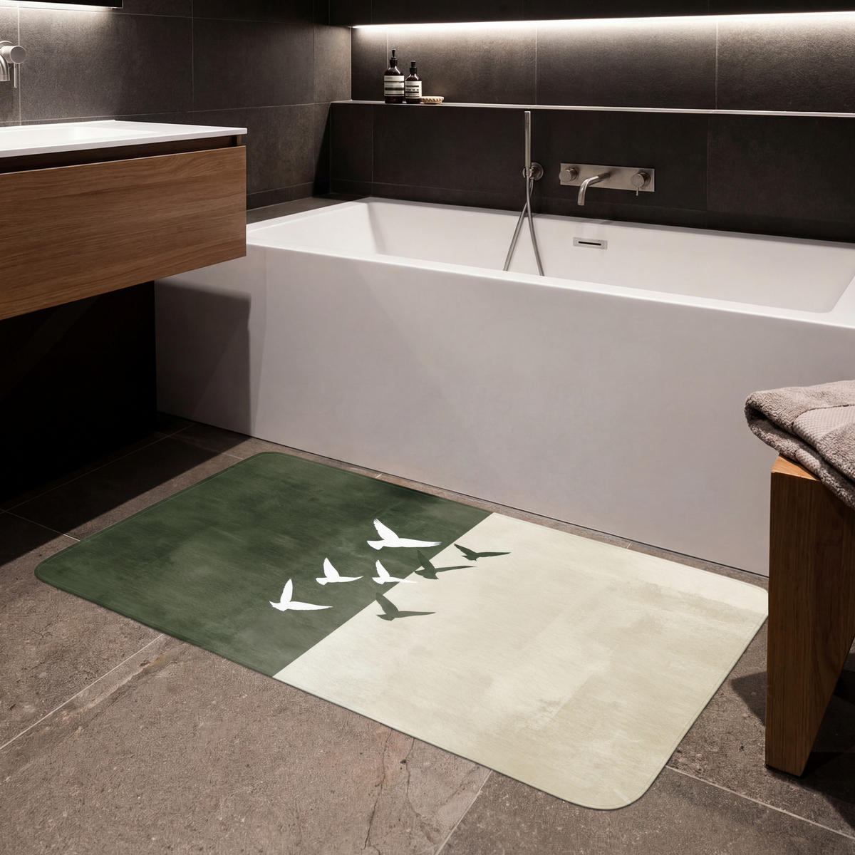 KOUPELNOVÁ PŘEDLOŽKA Japandi - Pták - Zelený 120x60 cm - olivově zelená, textil/plast (120/60cm)