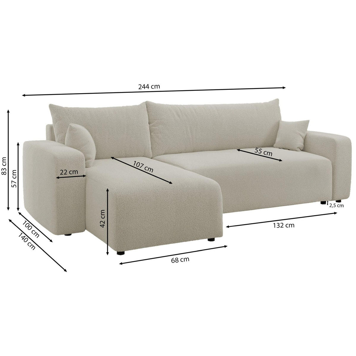 ECKSOFA Pianoni Creme Bouclé-Bezug - Creme/Schwarz, Kunststoff/Textil (244/140cm) - Selsey