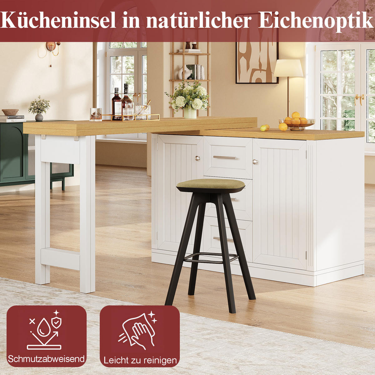 KÜCHENINSEL Ausziehbar 360° Theke Snackregal Schublade Weiß - Weiß, Holzwerkstoff (120/74/40cm) - FLIEKS