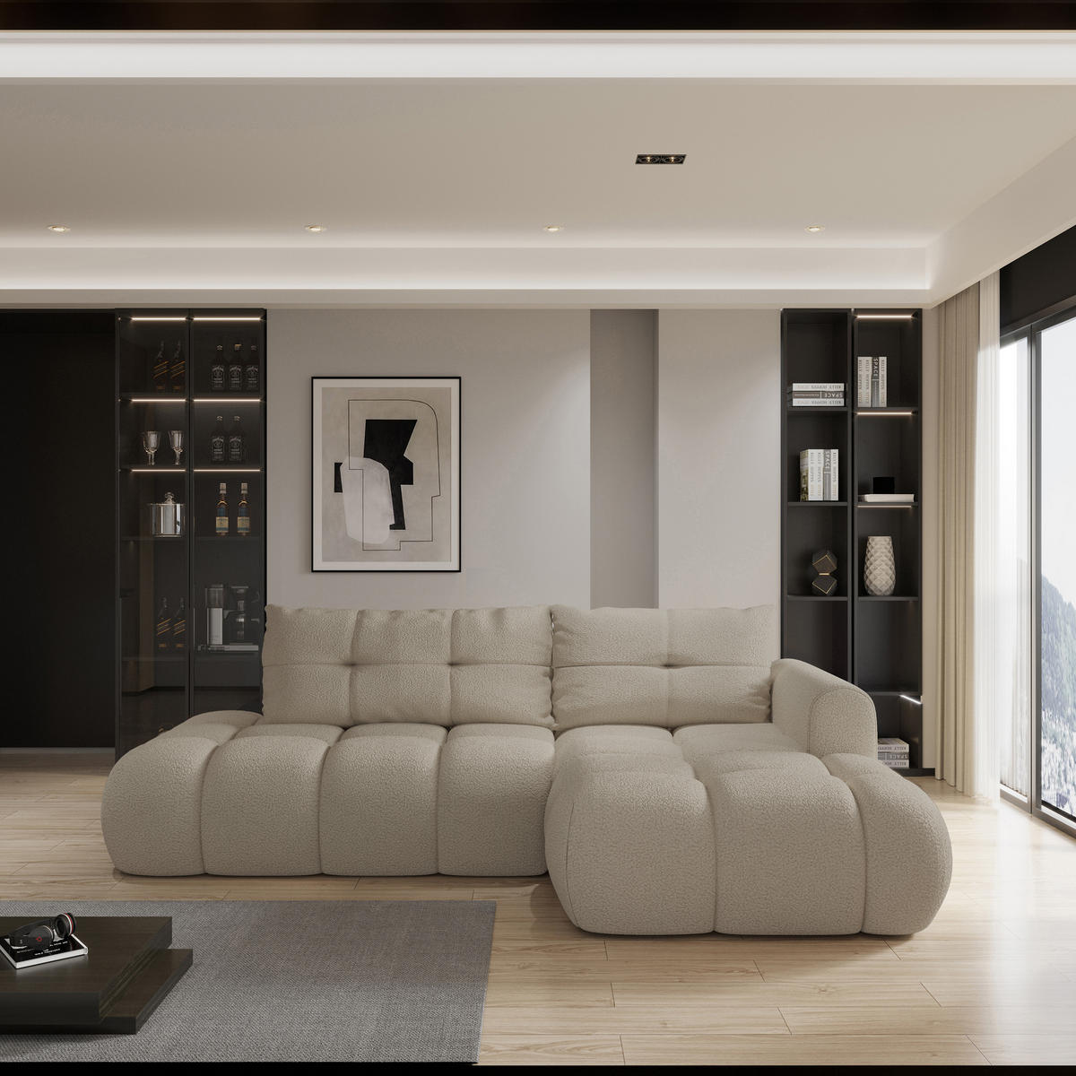 ROHOVÁ SEDAČKA FLUMA béžová - černá/béžová, dřevo/textil (279/158cm) - MASSENO