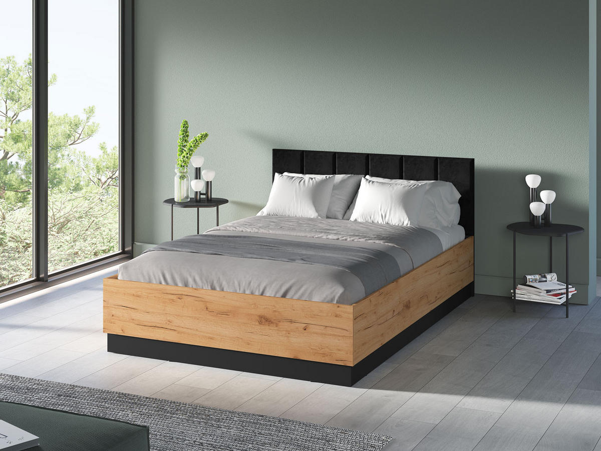 DOPPELBETT Urso Gold Craft Eiche / Schwarz 145 / 208 / 90 cm - Schwarz/Braun, Holz/Holzwerkstoff (140/200cm) - Feldmann-Wohnen