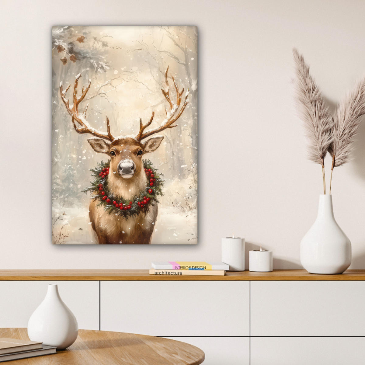 LEINWANDBILD Weihnachten - Rentier - Winter - Kranz 40x60 cm - Naturfarben, Textil (40/60cm) - MuchoWow
