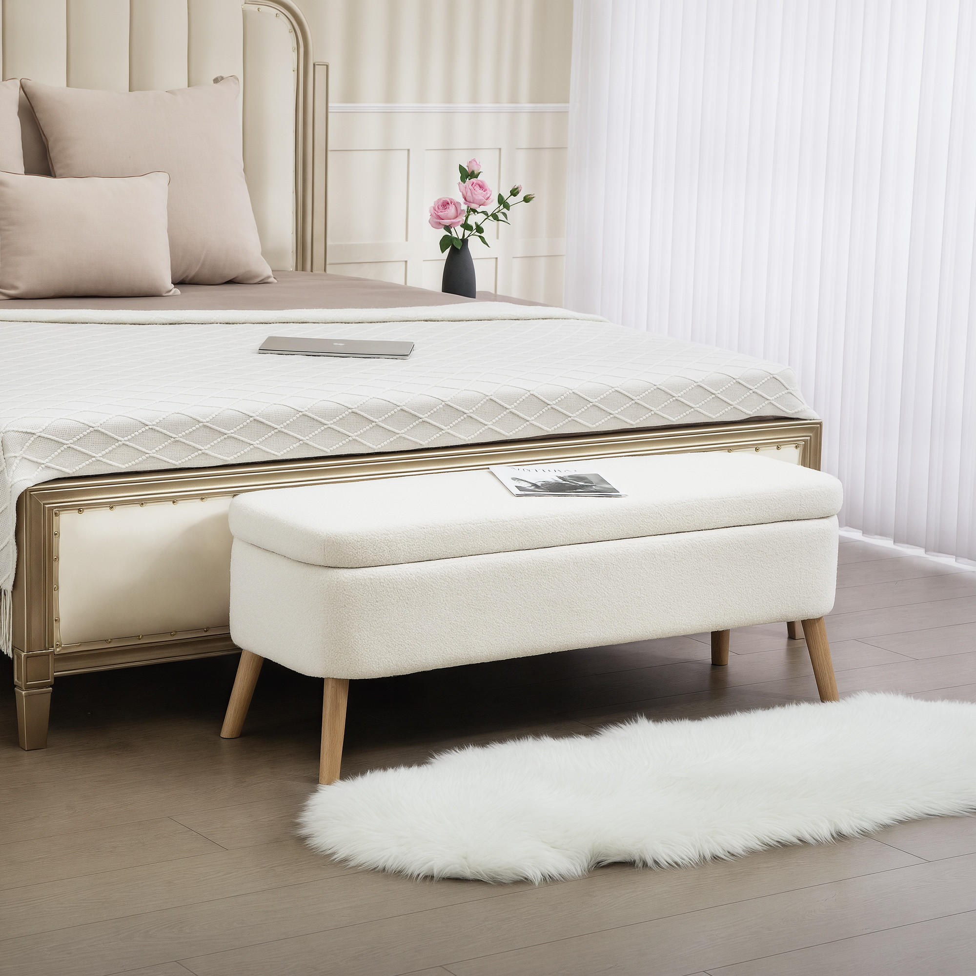SITZBANK mit Stauraum Polsterbank mit Fleece-Optik, Holzbeine für Wohnzimmer - Creme, Textil (42/45/120cm) - HOMCOM
