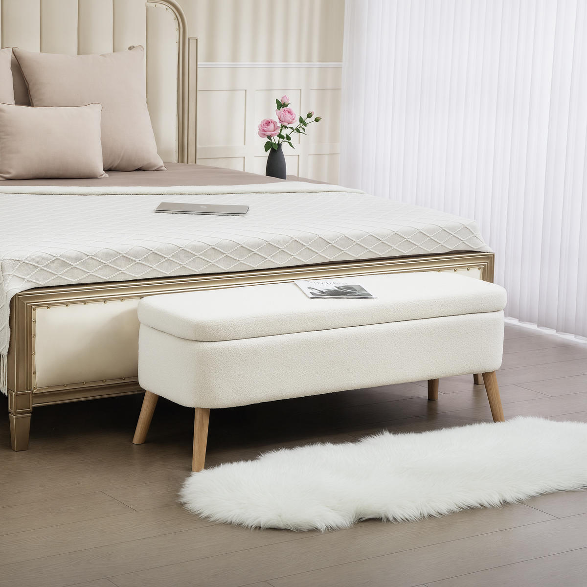 SITZBANK mit Stauraum Polsterbank mit Fleece-Optik, Holzbeine für Wohnzimmer - Creme, Textil (42/45/120cm) - HOMCOM